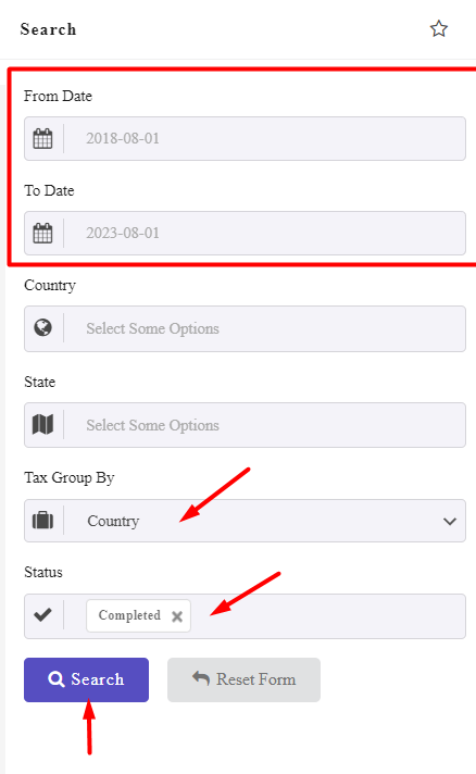 set date range and select tax group and status