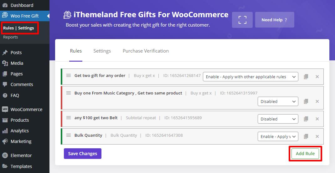 add rule in free gifts WooCommerce