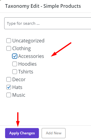 apply changes accessories and hats taxonomy WooCommerce