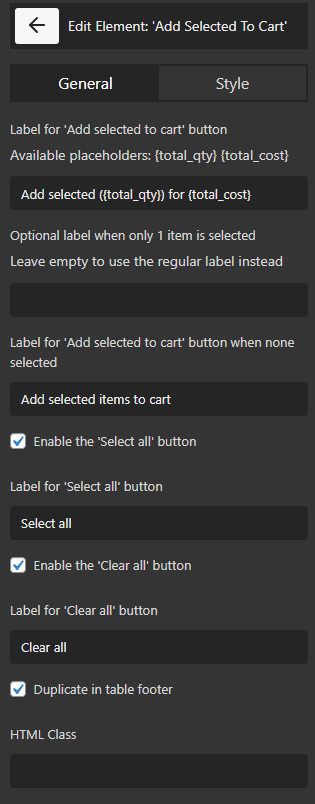 customization style tab add selected to cart element in header table