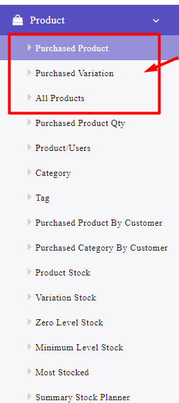 purchased product and variation and all products menu in dashboard WordPress 