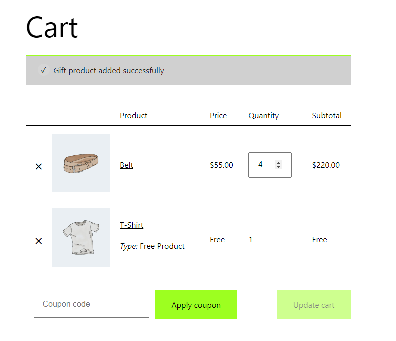 result added belt product in cart free gift plugin