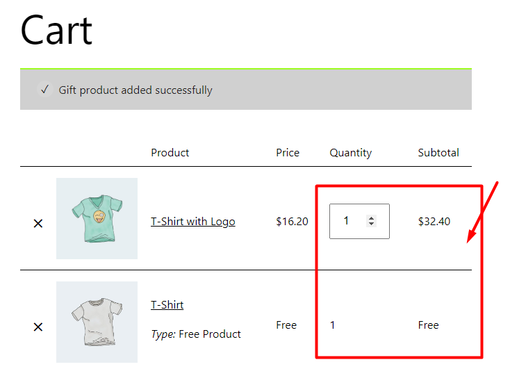 result quantity and subtotal cart in free gift plugin