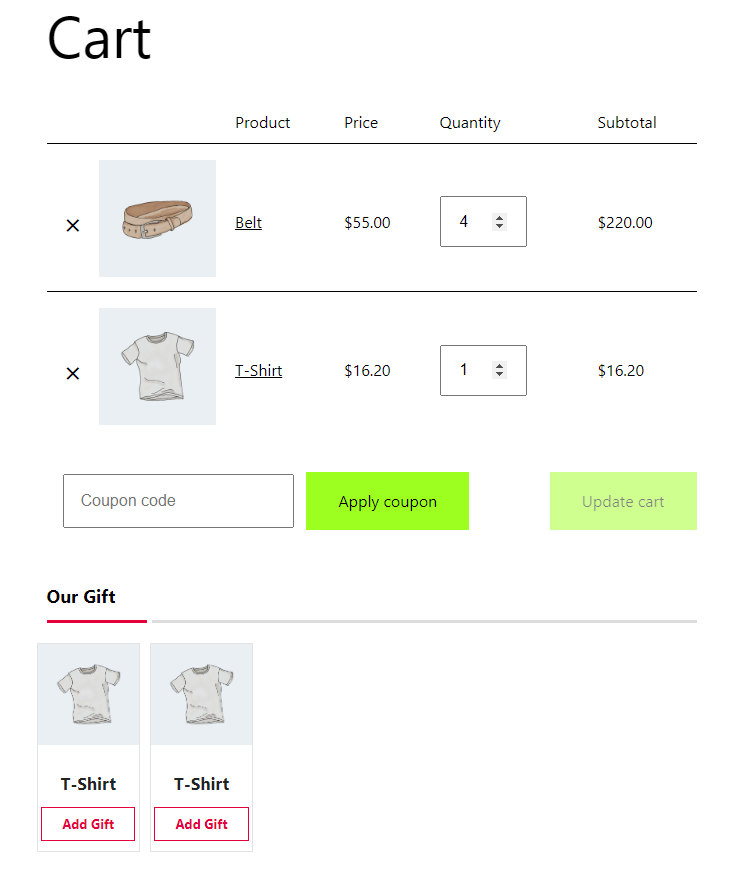 result simple option in free gifts for WooCommerce plugin