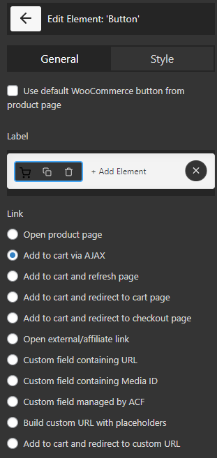 select add to cart via ajax option for button element in style tab