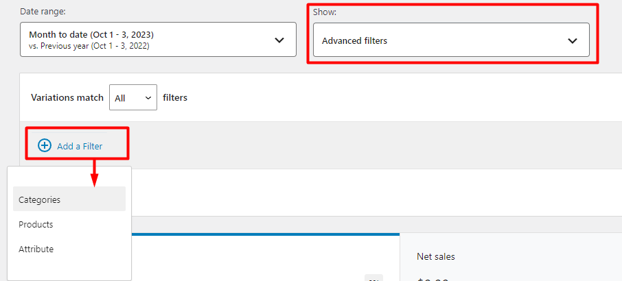 select advanced filters option and add categories filter in variations report 