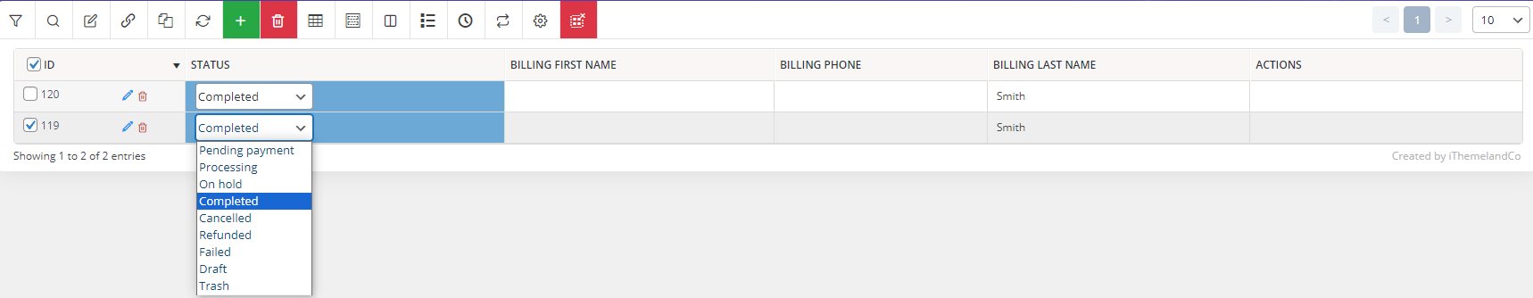 select completed option in status column in orders WooCommerce