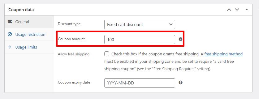 select coupon amount field in general menu coupon data tab