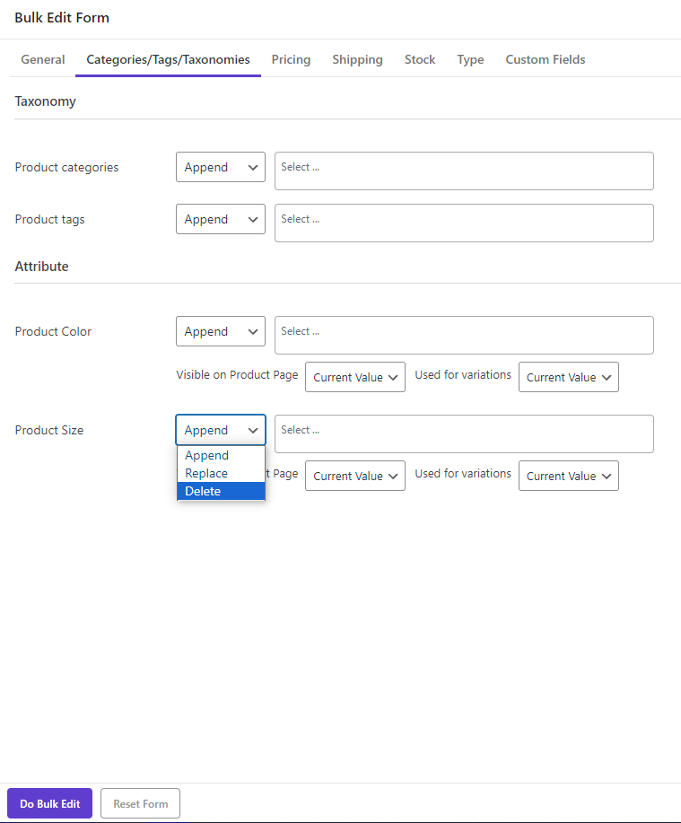select delete option for product size attribute for bulk delete WooCommerce product attributes