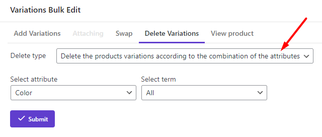 select delete type field in delete variations tab of WooCommerce variations bulk edit plugin