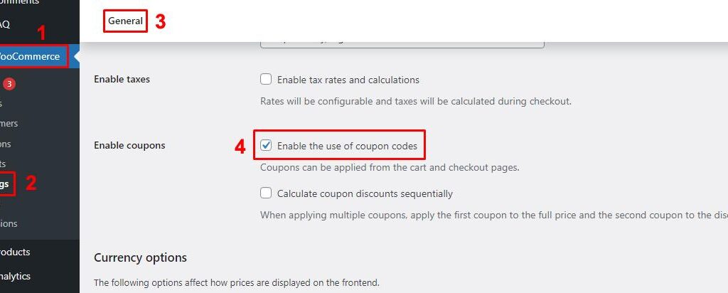 select enable coupon option in settings menu WooCommerce
