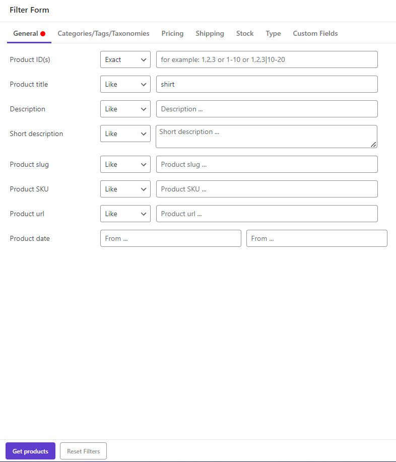 select general tab in filter form on WooCommerce variations bulk edit plugin