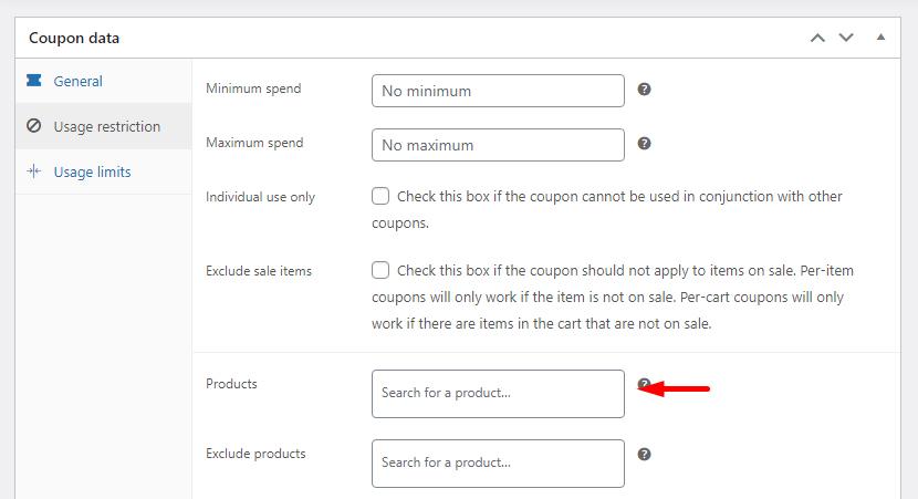 select products in usage restriction menu coupon data tab