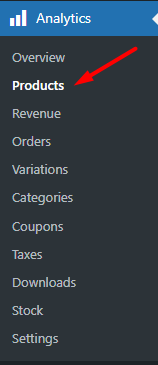 select products menu in analytics WooCommerce