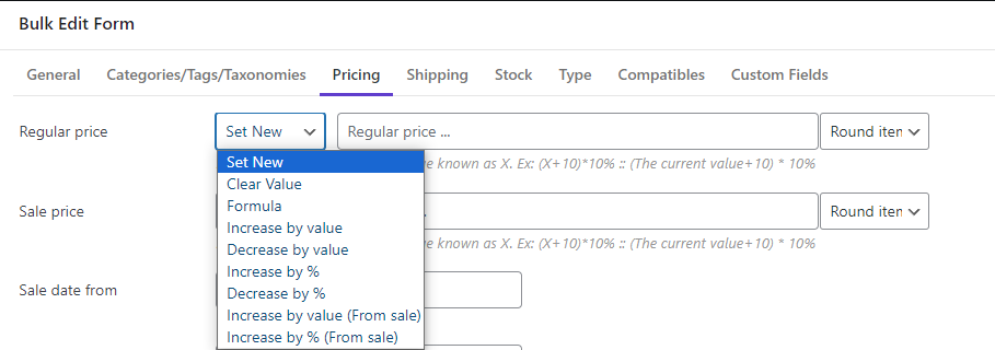 select regular price options in bulk edit form to bulk edit product prices by formula