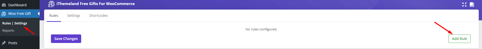 select rules/settings menu and choose add rule button in WooCommerce free gifts plugin