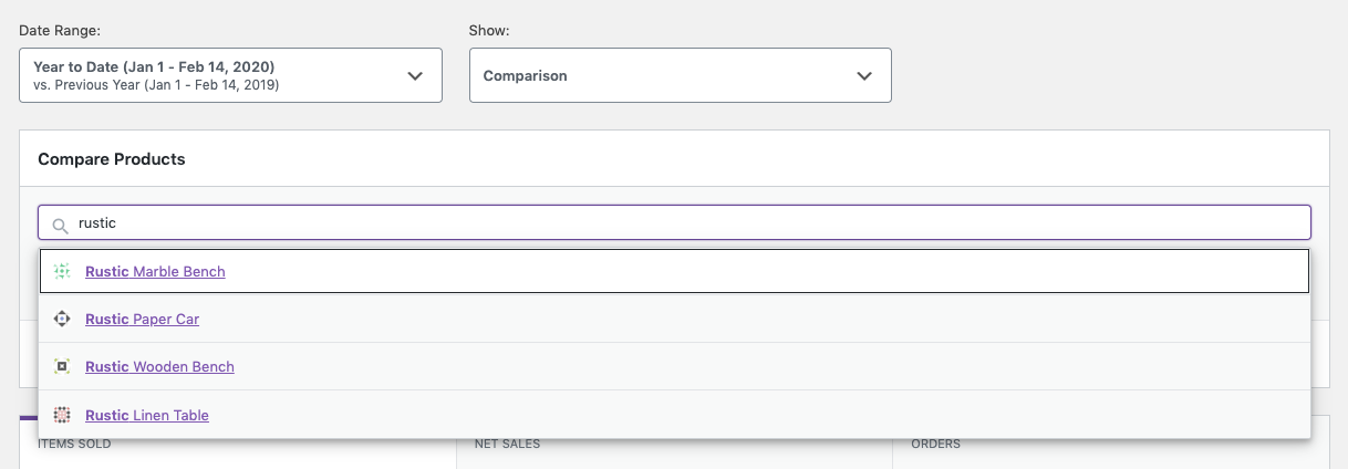 select rustic option in compare products field WooCommerce