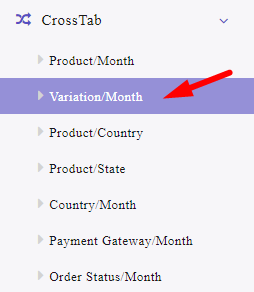 select variation or month menu in cross tab section
