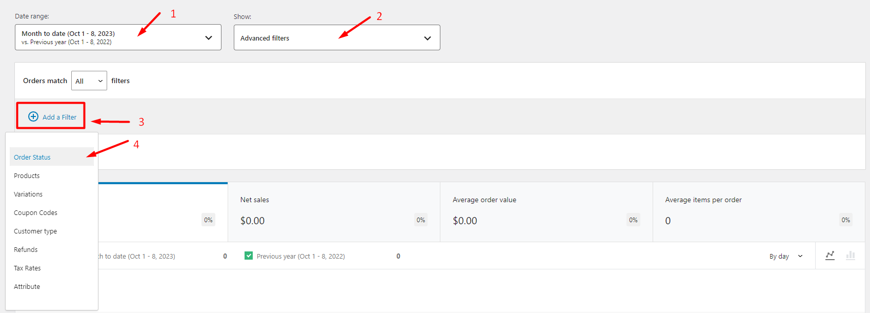 set date range and show and filter fields in order status WooCommerce