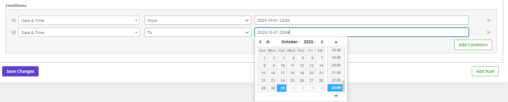 set date range for date and time conditions
