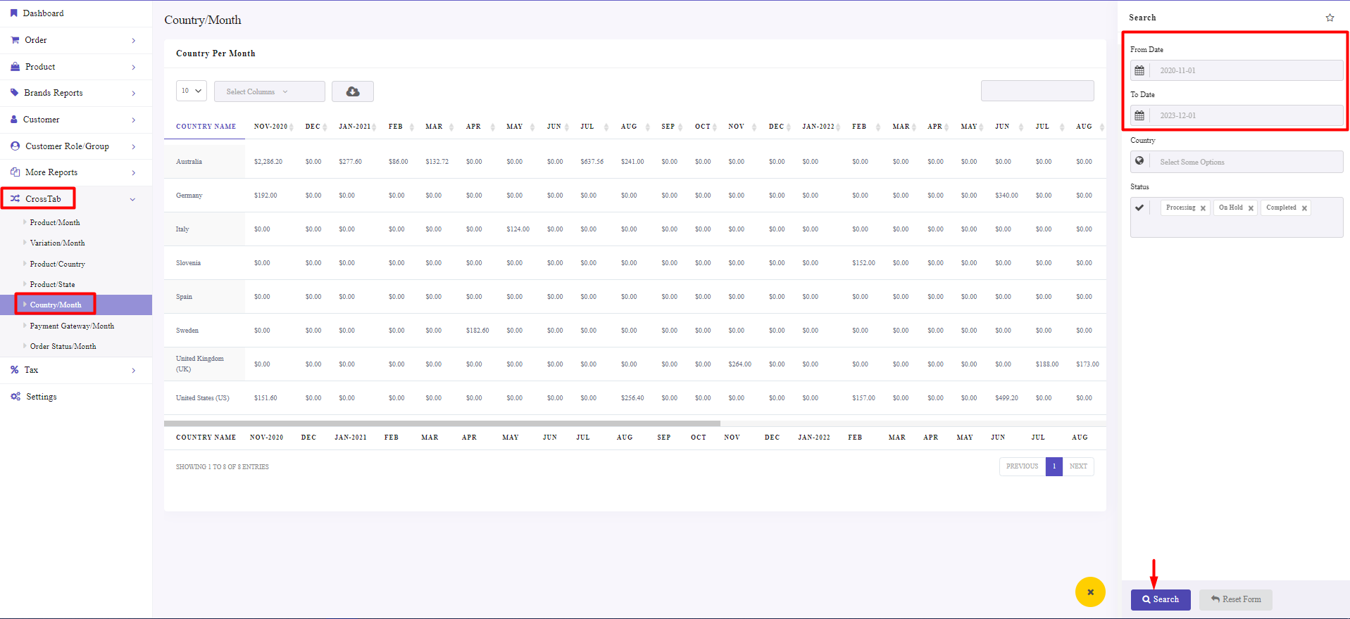 Generate WooCommerce country per month sales report 