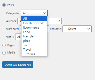 export posts from specific categories in WordPress