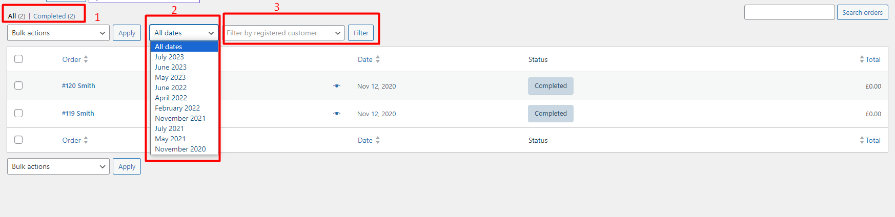 filter WooCommerce orders by status, date and customer in WooCommerce default