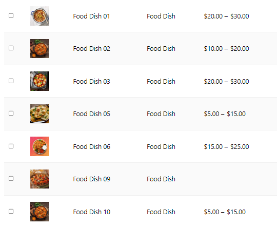 result customization foods table in WooCommerce