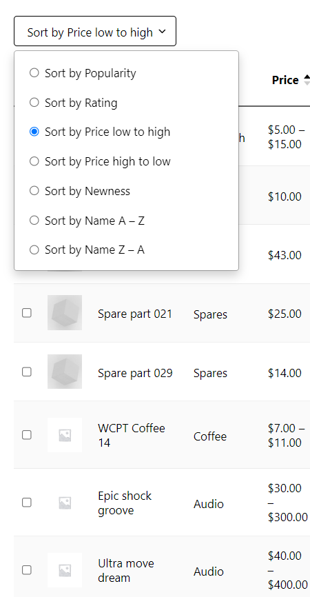 result display type for sorting field in WooCommerce product table plugin
