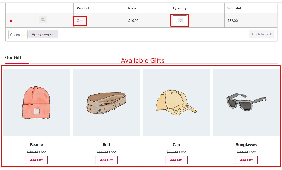 result offer free gift products for limited time in WooCommerce Cart