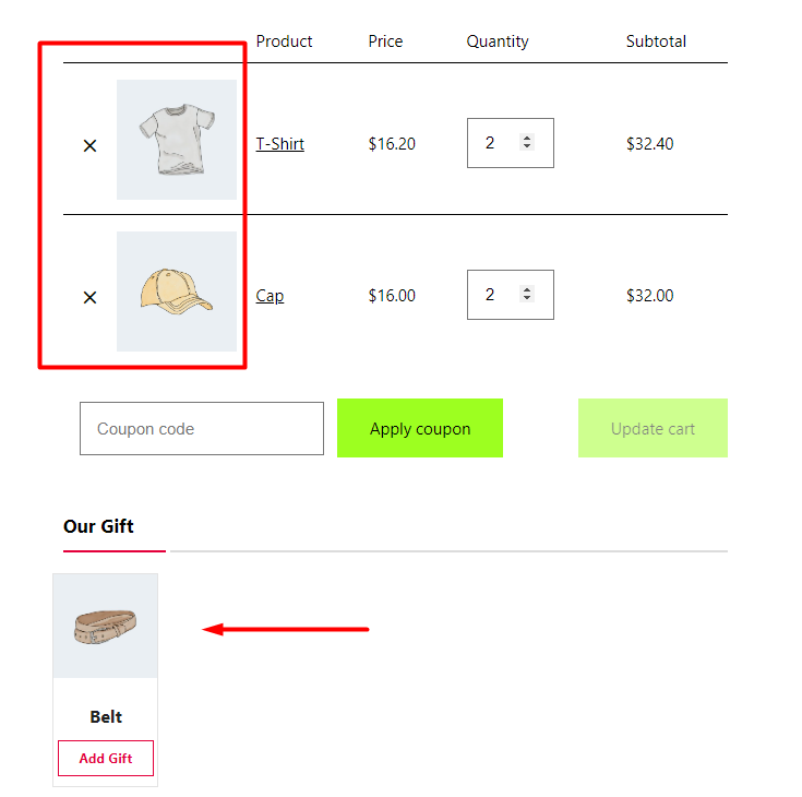 result our gift belt in cart WooCommerce