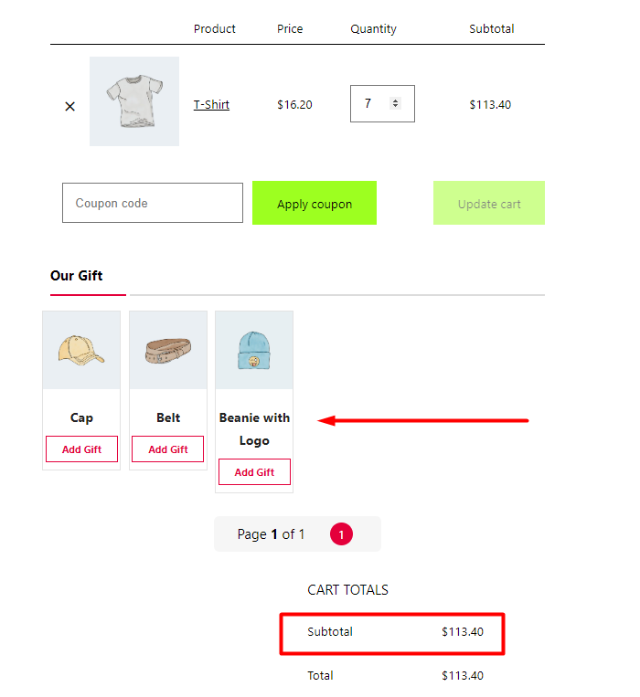 result our gift products of subtotal in cart WooCommerce
