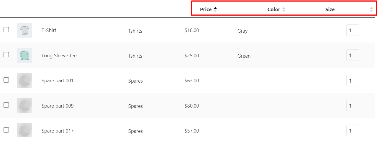 Result sorting by product attributes and custom field and price in WooCommerce table