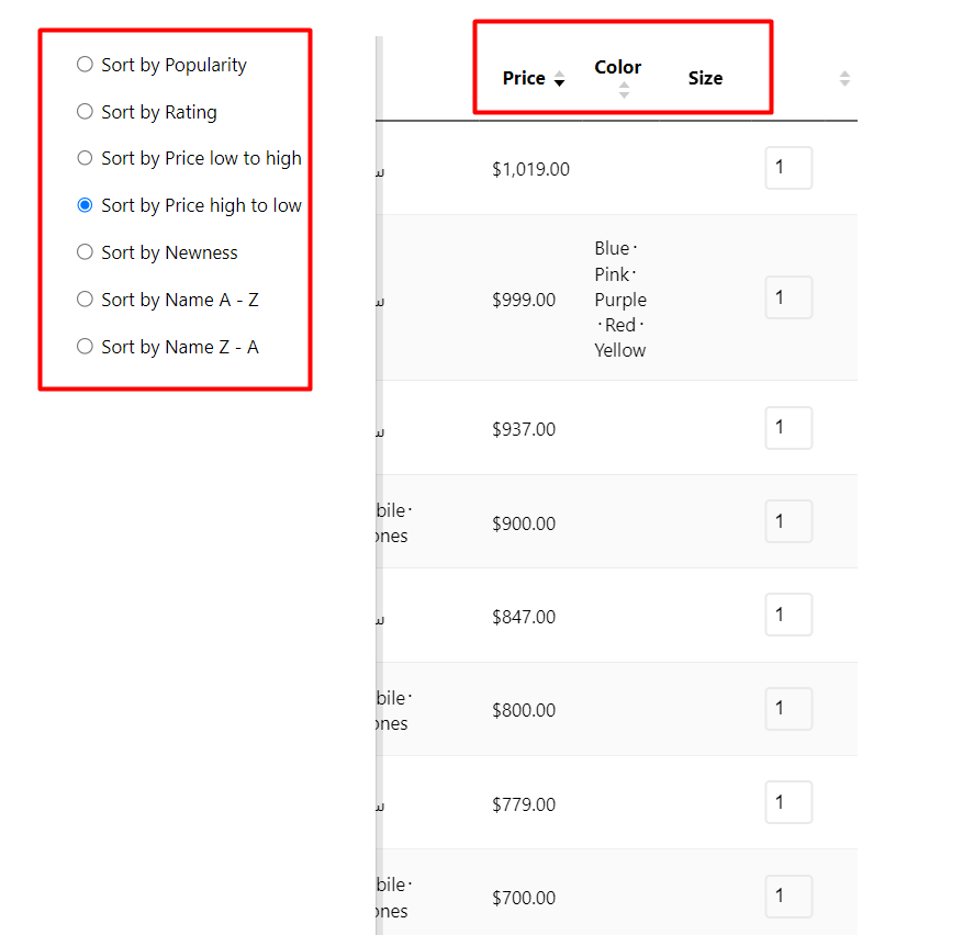 Result sorting option in WooCommerce product table