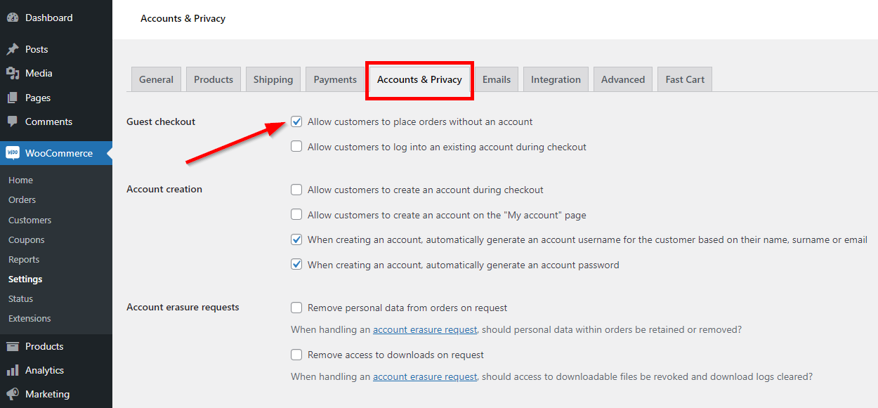 select accounts and privacy in WooCommerce setting