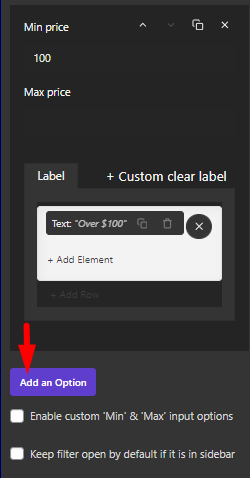 select add an option button in filter options section