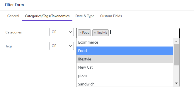 select categories field in categories tab filter form