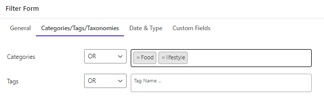 select categories filed in filter form section