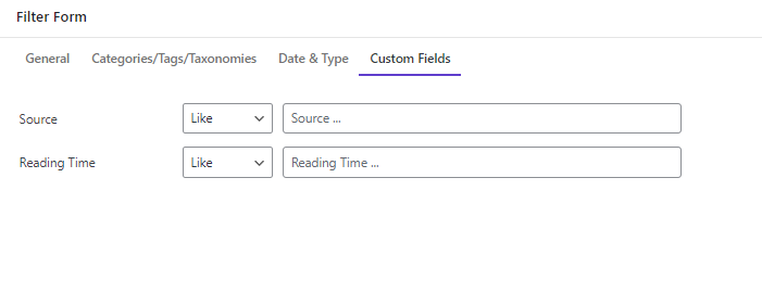 select custom fields tab in filter form section