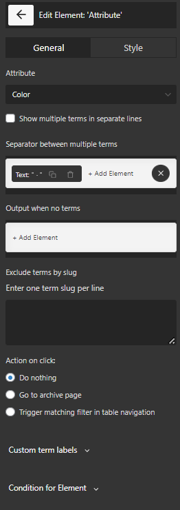 select general tab in attribute element WooCommerce