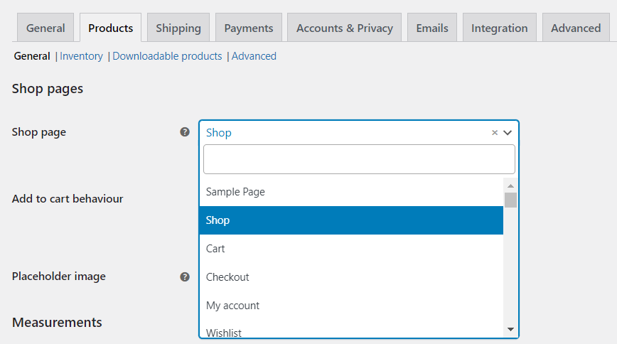 select new page from list of Shop Page WooCommerce