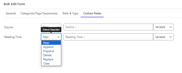 select operator to reading time field in filter form section