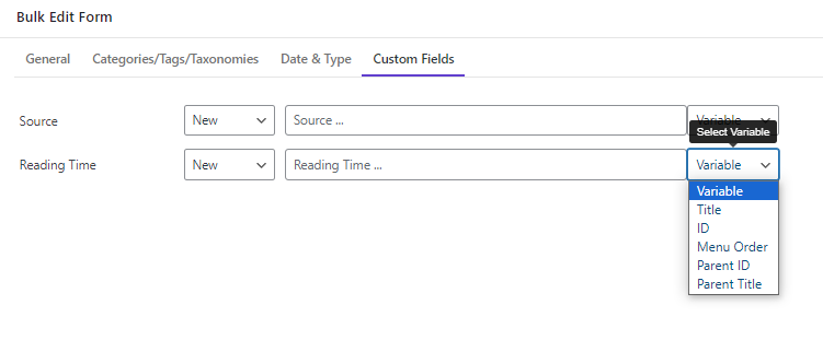 select variable to reading time field in filter form section
