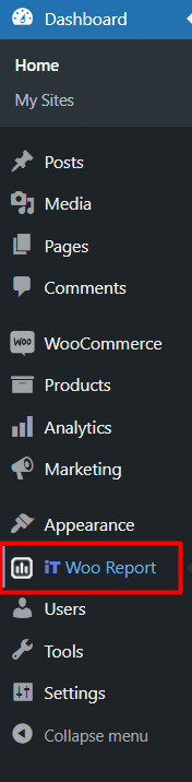 select Woo Report section in Dashboard menu