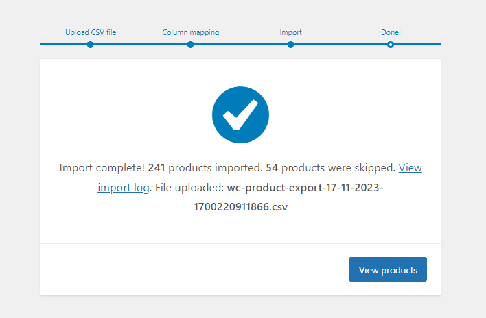 Completing import WooCommerce products from CSV file