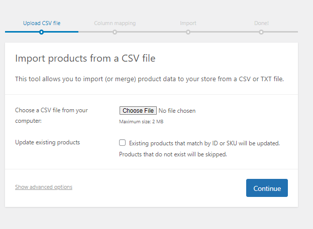 Choose final CSV file to import products, in upload csv file page