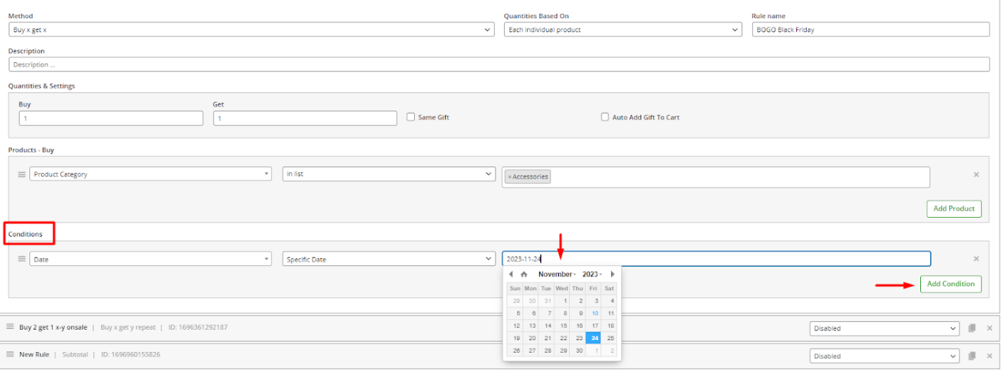 set specific date field to conditions section in gift plugin