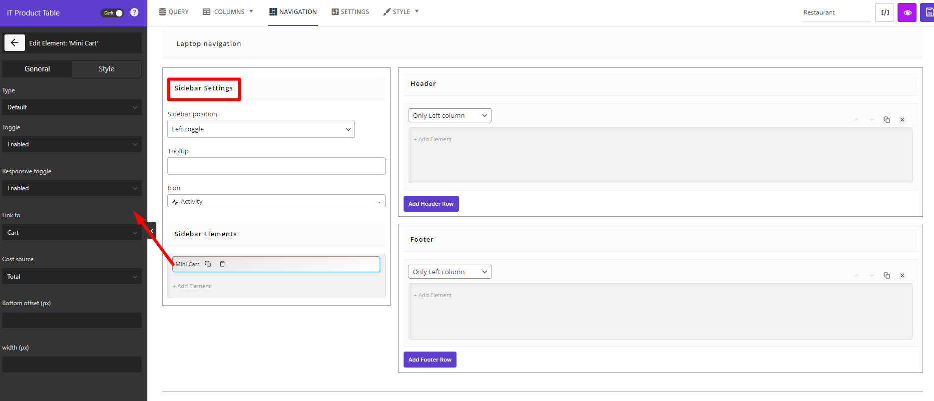 add a mini cart to the restaurant ordering form