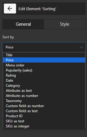 choose price for sort by field in sorting element table