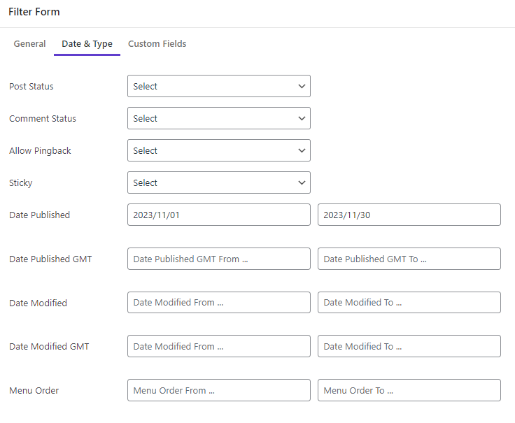 Customization Date & Type tab in Bulk Editing filter form 